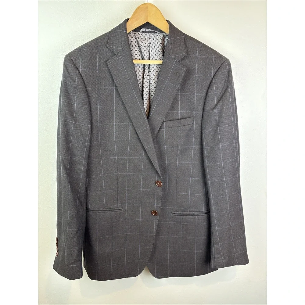 Tallia‎ Mens 100% Wool Sport Coat Blazer Jacket Two Button Brown 44R Windowpane